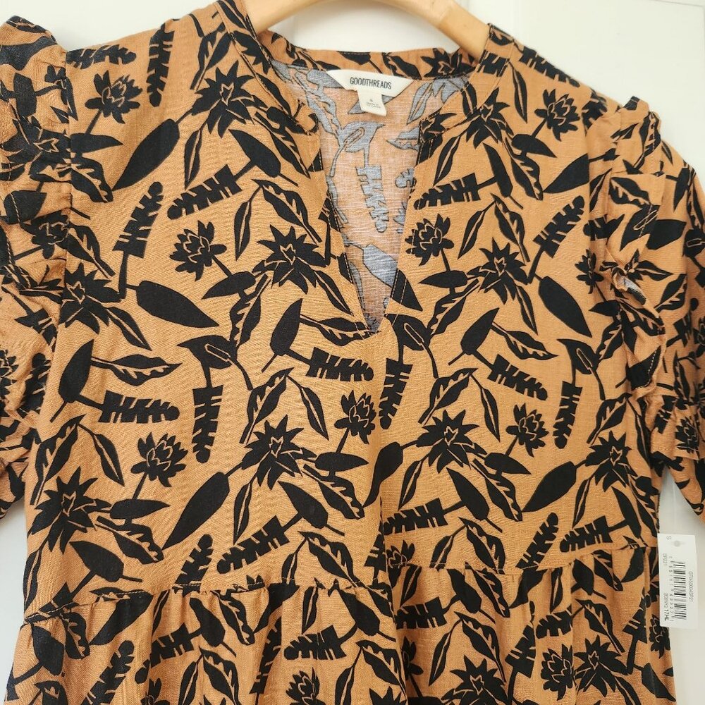 Goodthreads Linen Floral Print V-Neck Dress Summer Boho Babydoll Casual Cute - Picture 3 of 10
